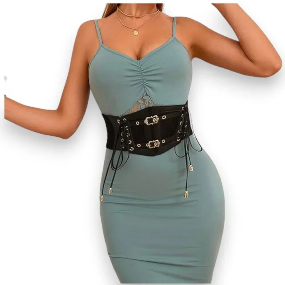 Black Lace Up Corset Belt - Filigree Buckle Waist Cincher Whimsigoth NWT